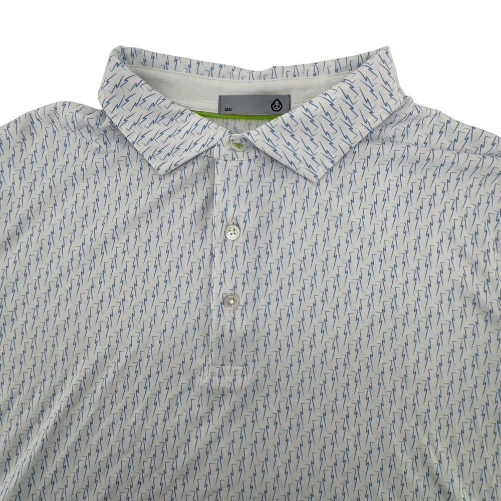 tasc Performance Golf Polo Shirt Men XL White Blue Bamboo Lightning Bolt S/S
